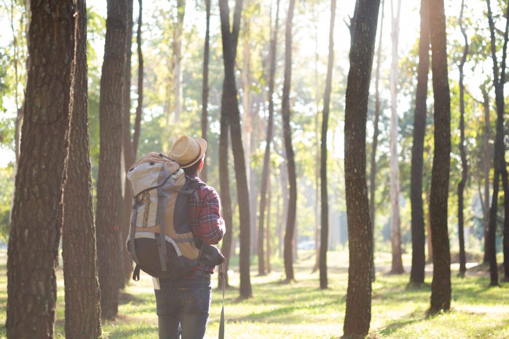 Young Man Traveler  using the freelance productivity hack here, with backpack relaxing outdoor. Soft focus for feeling relax and fresh.