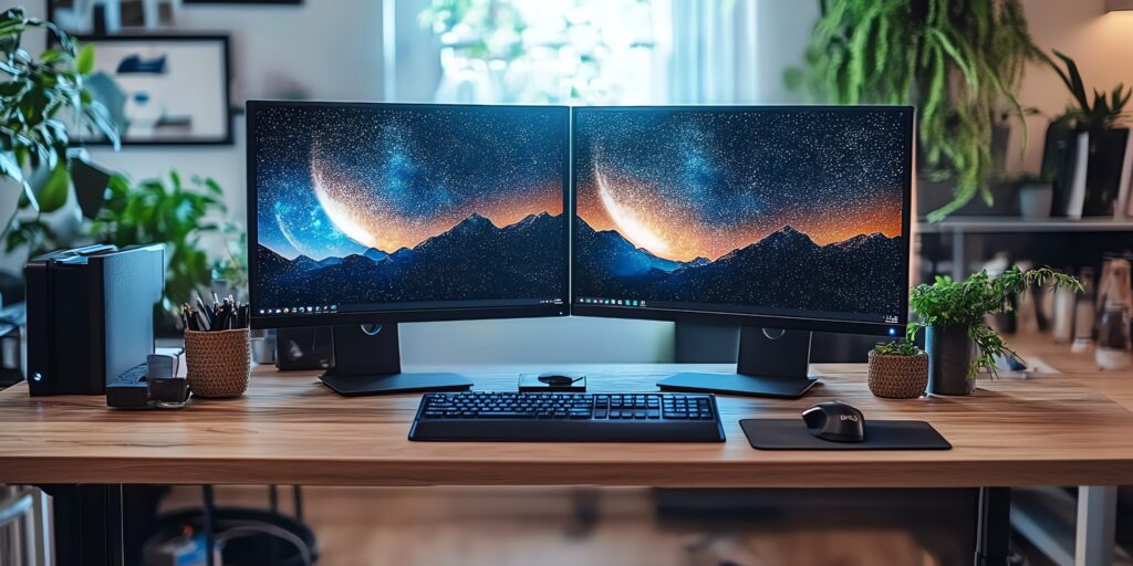 A freelance setup with many productivity gadgets and two monitors